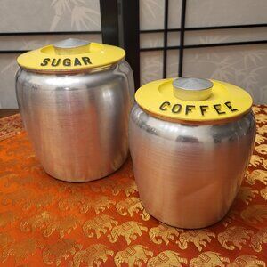 Rare KROMEX Spun Aluminum Canister Set w/Yellow Lids Coffee Sugar
